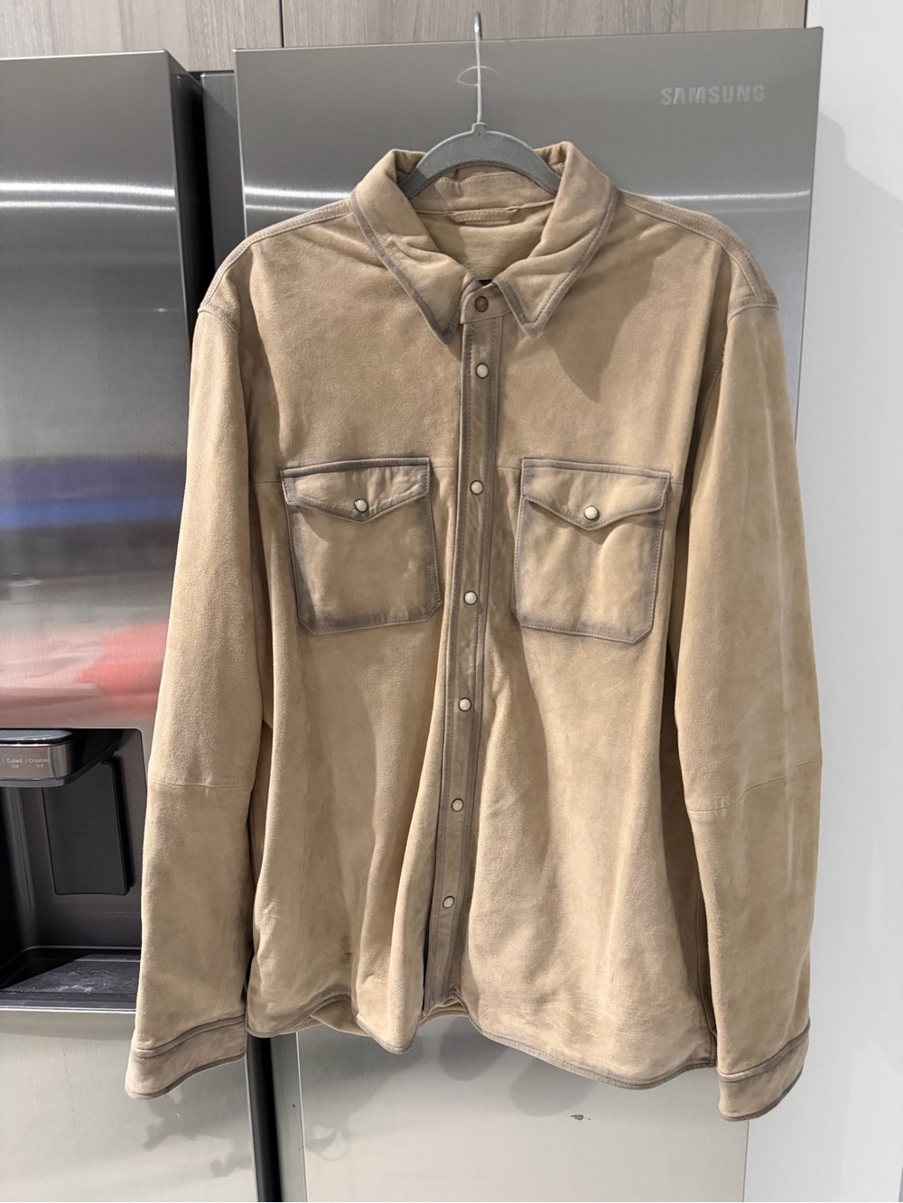 Men's Suede Button-Up Jacket Shirt in Tan